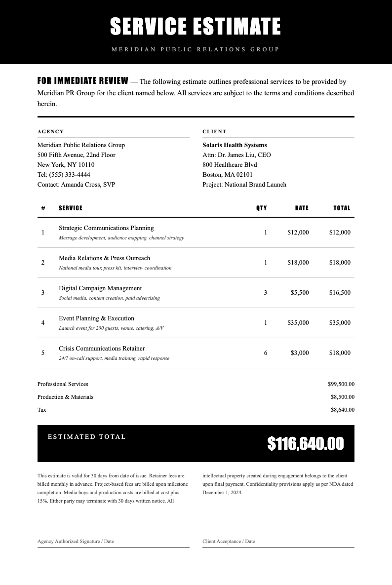 Professional press service estimate
